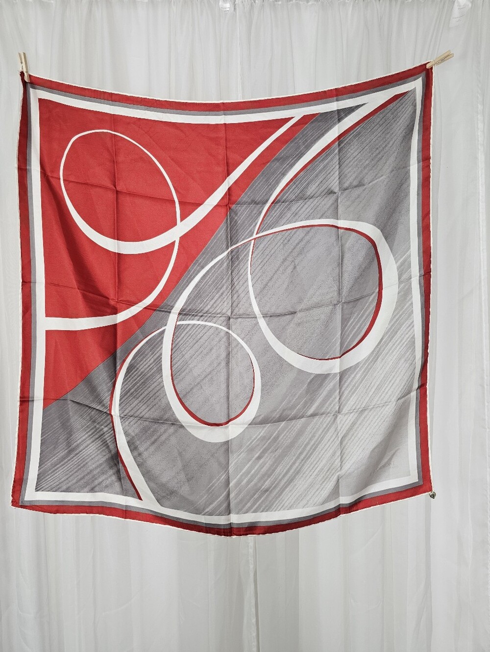 Vintage J Dormont Red & Grey Abstract 100% Silk Square Scarf Neck Hair Bag